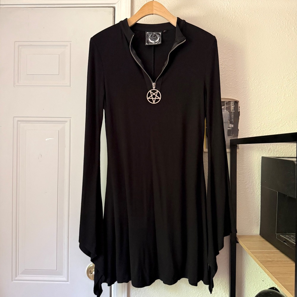 KILLSTAR black rib ribbed bell long sleeve goth mini dress